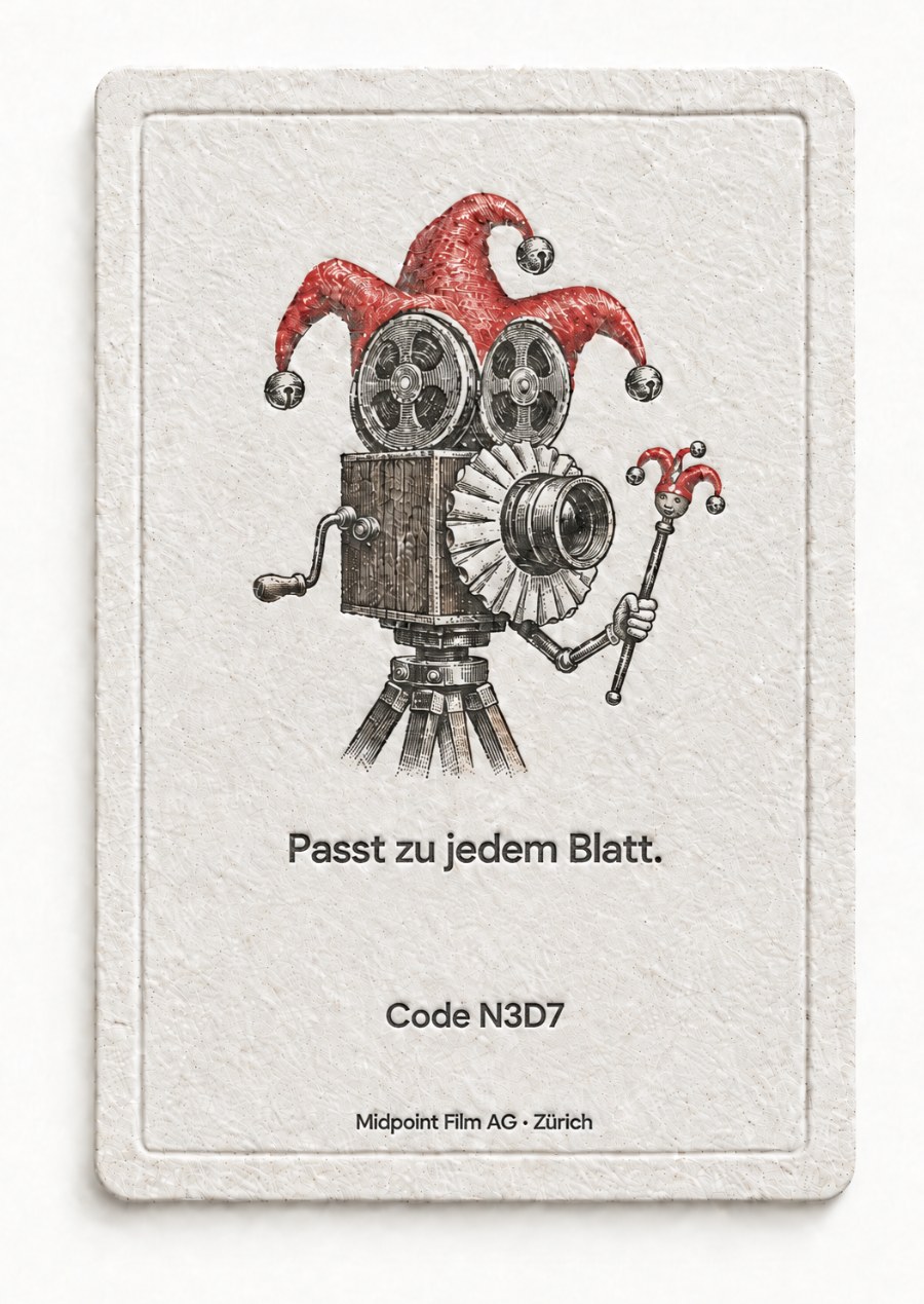 Rückseite: eine Filmkamera als Joker verkleidet. Passt zu jedem Blatt. Code N3D7.